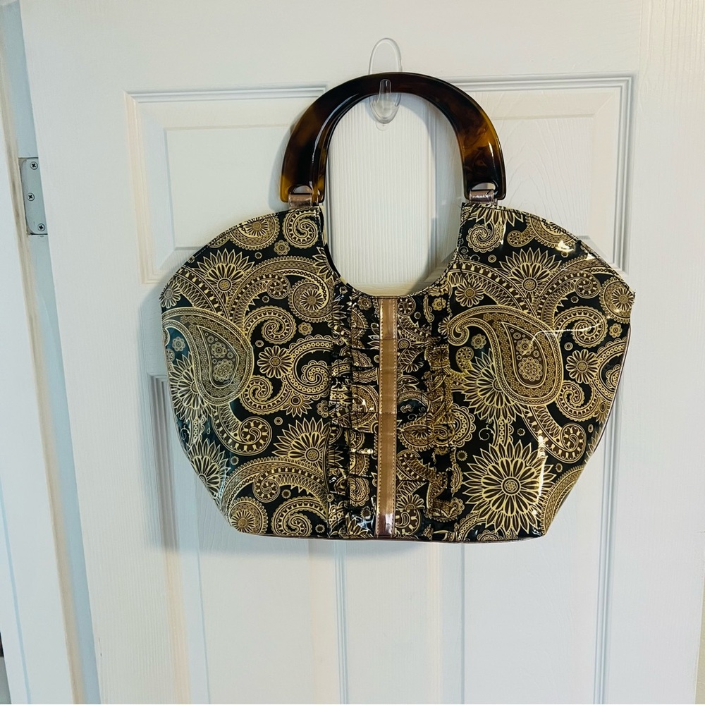 Mud Pie Bag Lady Black and Gold Paisley Tote with Tortoise Handles
